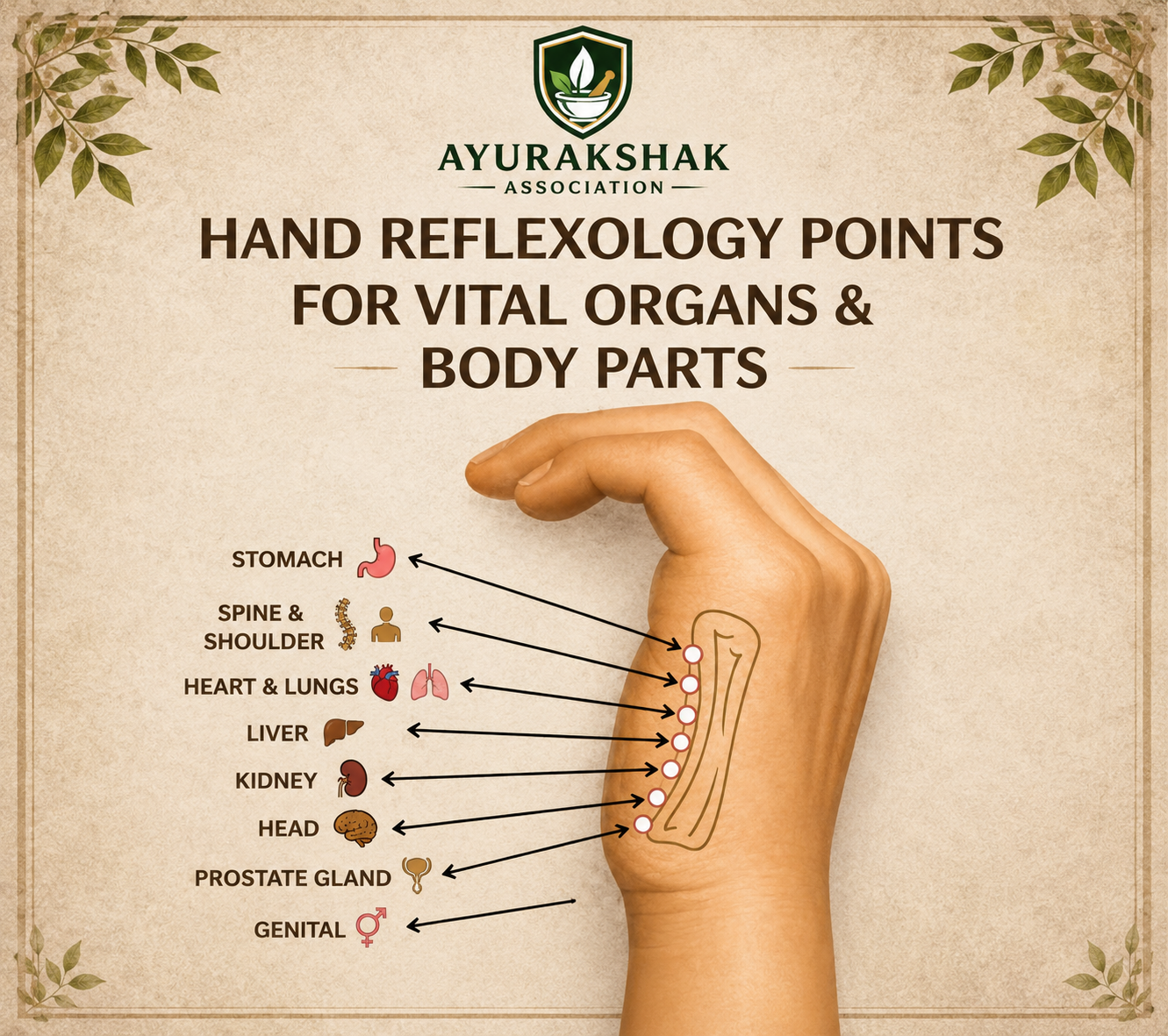 Hand reflexology points for vital organs and body parts